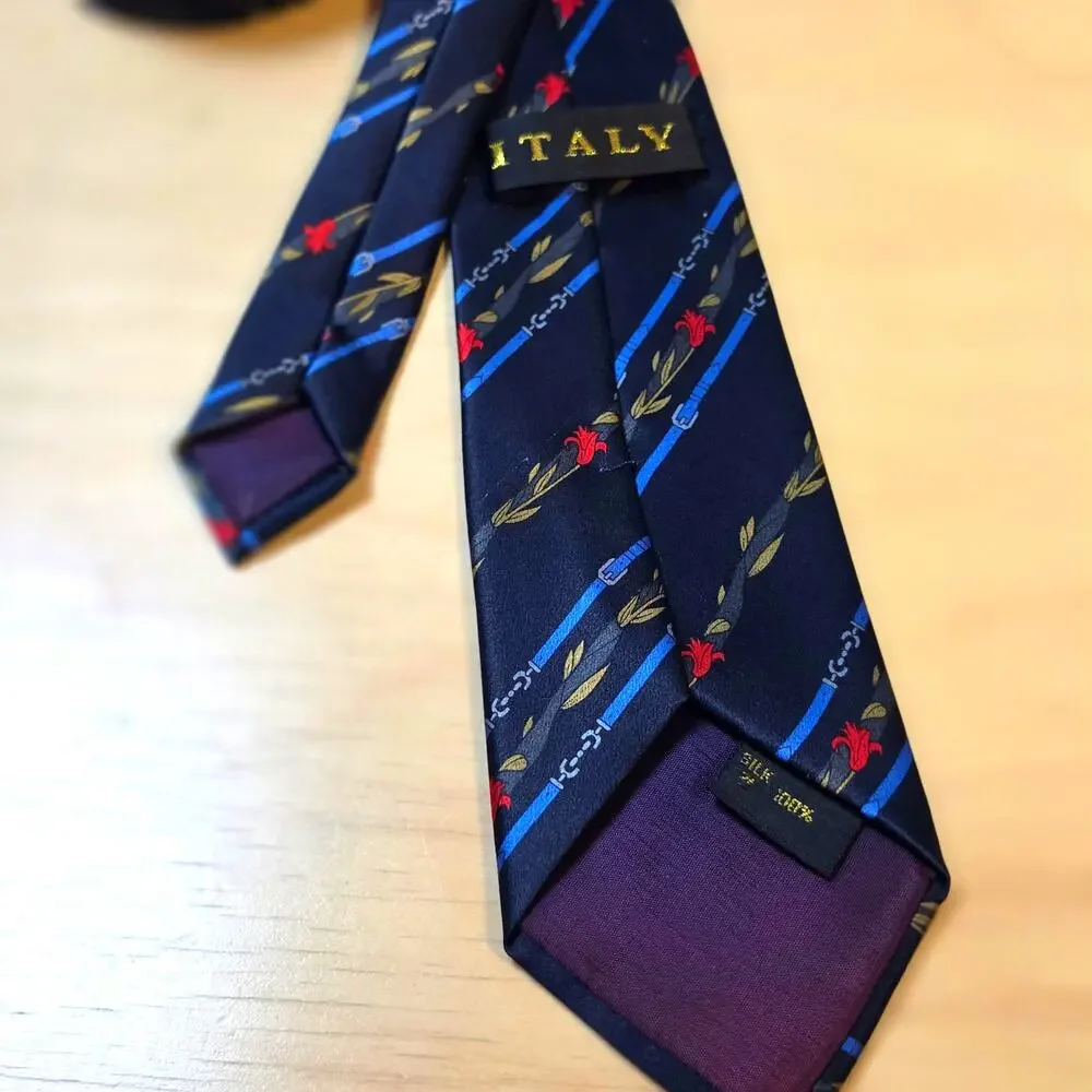 Lot of 2 Vintage 100% Italian Silk Ties Red Floral & Navy Blue Geometric Stripe